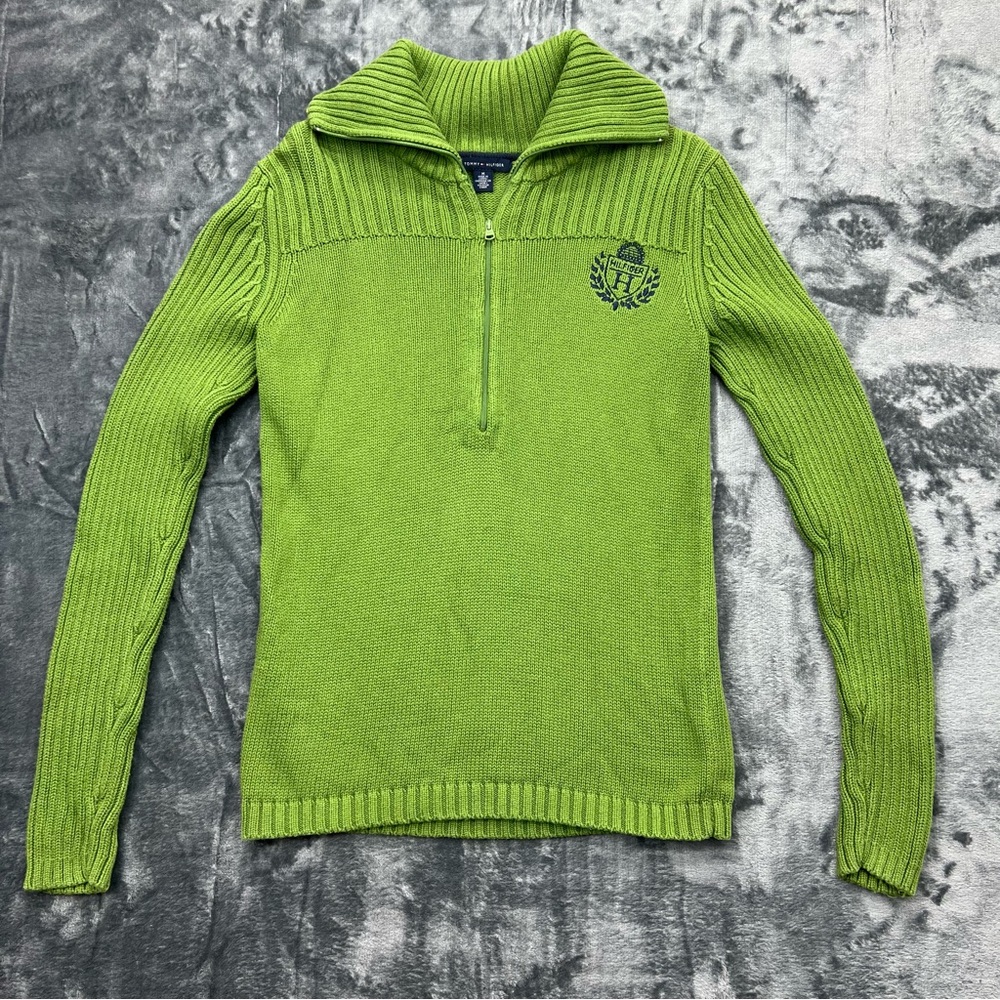 VTG Tommy Hilfiger Woman’s Green Size M 1/2 Zip Shawl Sweater Embroidered Crest - Picture 2 of 8